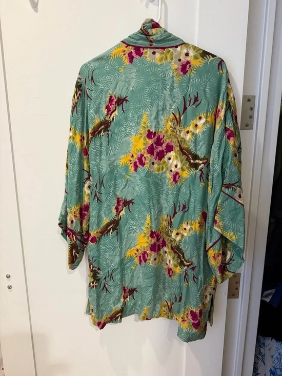 Floreat Anthropologie Teal Floral Kimono Robe with Pink & Yellow Accents - Picture 3 of 3